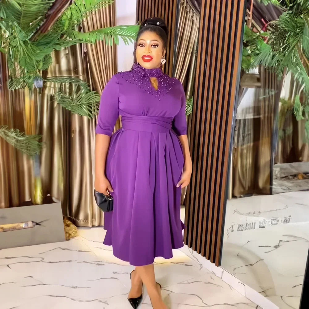 African Party Evening Dresses for Women Elegant 2024 Spring African Half Sleeve Solid Color Midi Dress Dashiki Africa Clothing